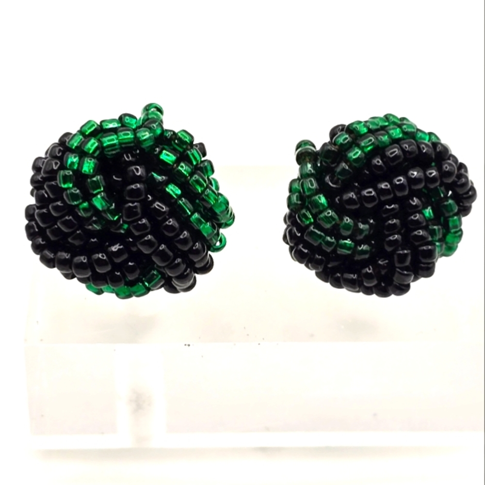 Vintage Emerald Green Black Beaded Knot Stud Earrings Boho Studs Seed Bead